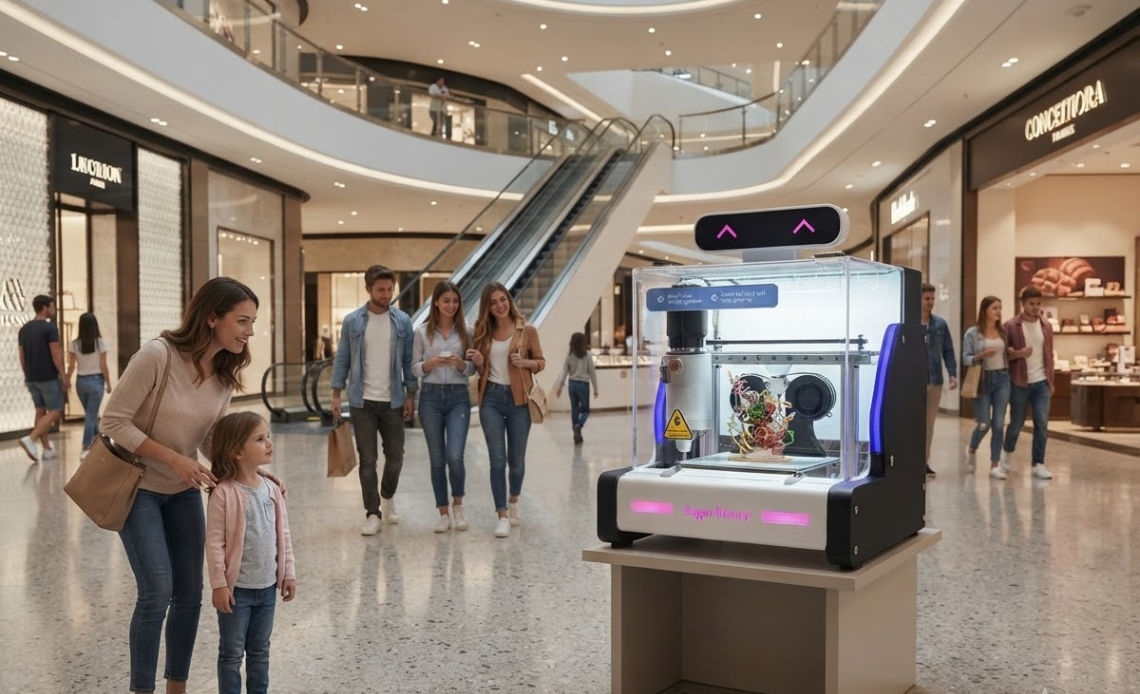Compact candy printing machine placed in a busy shopping mall